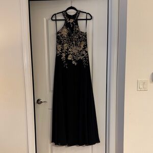Betsy & Adam Black Maxi Dress with Gold Embroidery